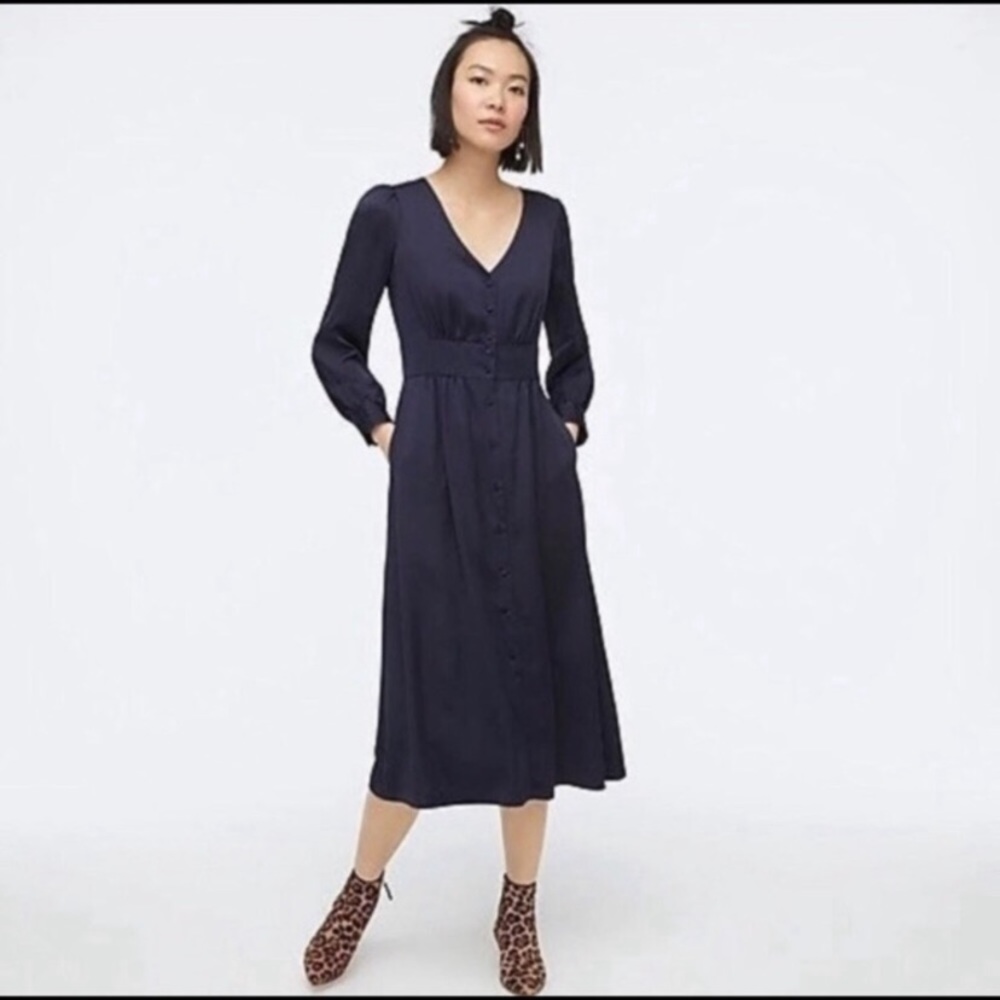 J. Crew satin, long sleeved, button up dress.  Elegant and timeless in navy. S